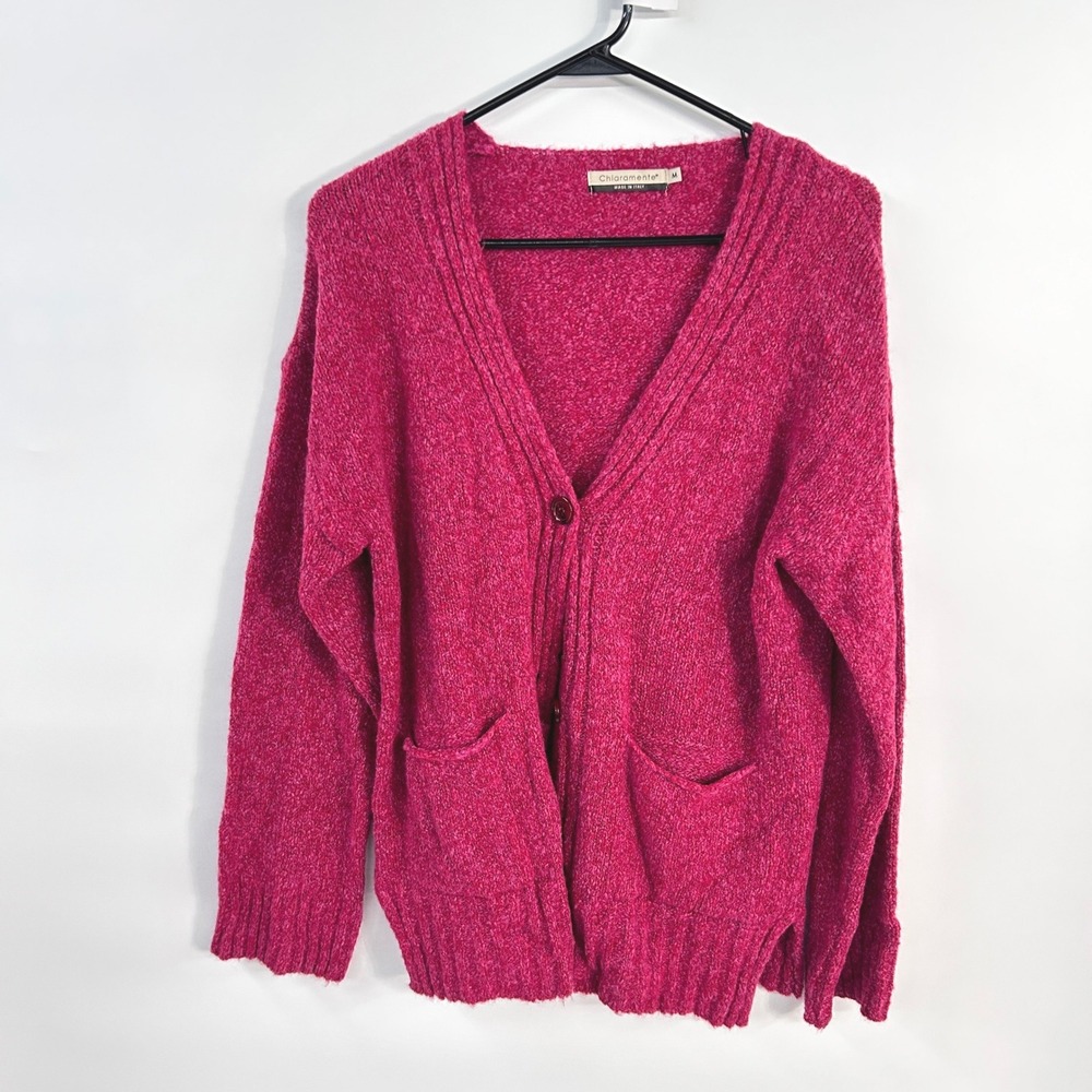 Italian Boucle Cardigan Sweater Pink V Neck Button Front Pockets Cozy Medium